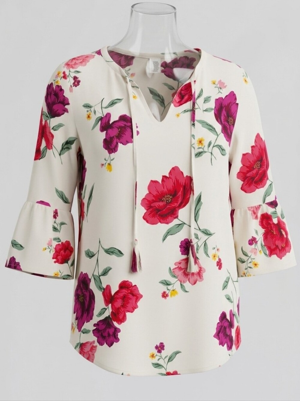 Old Navy 3/4 Bell Sleeves Red White Floral Office Loose Fit Women's Top Size S